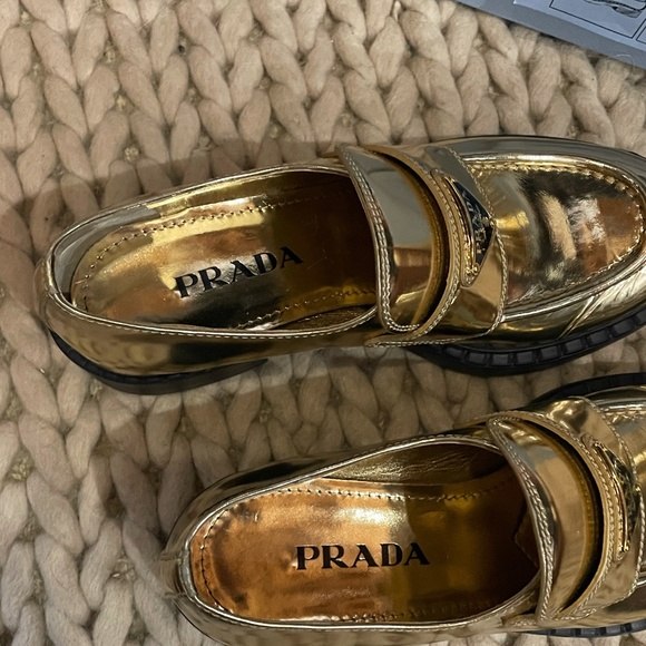PRADA Triangular Logo Metallic Gold Leather Chocolate Loafers size 39 - Picture 4 of 16